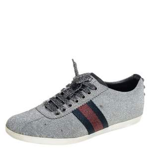 Gucci Metallic Silver Glitter Bambi Web Detail Studded Low Top Sneakers Size 38