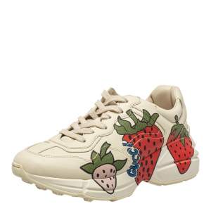 Gucci Cream Leather Rhyton Strawberry Print Low Top Sneakers Size 36
