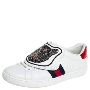مملوكة مسبقًا Gucci White Leather Ace Removable Patches Sneakers Size 35.5
