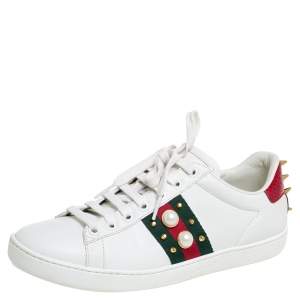 Gucci White Leather and Python Embossed Leather Ace Studded Sneakers Size 37