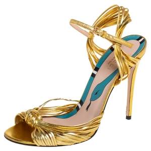 Pre Owned Gucci Metallic Gold Leather Strappy Allie Knot Sandals Size 37.5