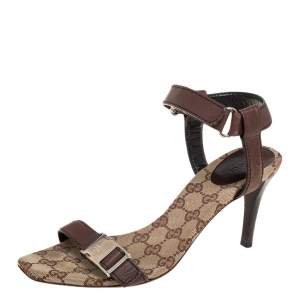 مملوكة مسبقًا Gucci Brown/Beige GG Canvas and Leather Side Release Ankle Strap Sandals Size 39