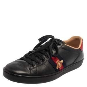Gucci Black Leather Ace Bee Embroidered Web Low Top Sneakers Size 37.5