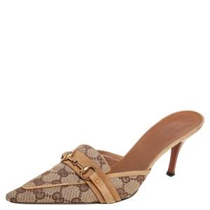 مملوكة مسبقًا Gucci Beige GG Canvas And Leather Horsebit Pointed Mule Sandals Size 37.5