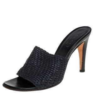 Pre Owned Gucci Dark Blue Woven Fabric Mule Sandals Size 37