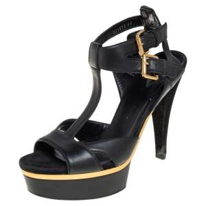 مملوكة مسبقًا Gucci Black Leather Open Toe Platform Ankle Strap Sandals Size 40