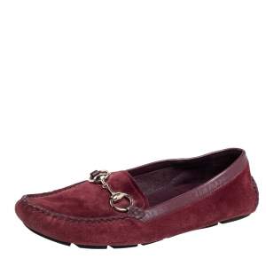 Pre Owned Gucci Burgundy Suede Slip On Loafers Size 37.5
