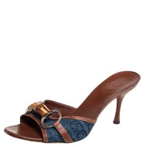 مملوكة مسبقًا Gucci Blue Denim And Leather Trim Horsebit Open Toe Sandals Size 38