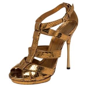 Gucci Gold Python T Strap Sandals Size 38.5