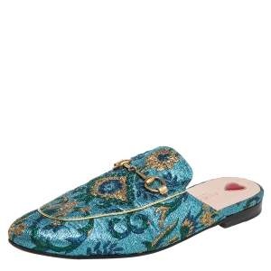 Pre Owned Gucci Multicolor Brocade Fabric Princetown Horsebit Mules Size 37.5 