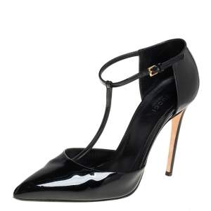 مملوكة مسبقًا حذاء كعب عالي غوتشي سير حرف تي مقدمة مدببة جلد لامع أسود مقاس 39