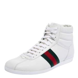 مملوكة مسبقًا Gucci White Leather Web Detail High Top Sneakers Size 39