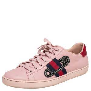 Gucci Pink Leather Crystal Embellished 'Safety Pin' Ace Low Top Sneakers Size 41
