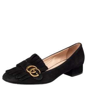 Pre Owned Gucci Black Suede GG Marmont Block Heel Pumps Size 39.5