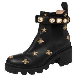 Pre Owned Gucci Black Leather Embroidered Crystal Embellished Ankle Boots Size 37.5