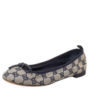 Pre Owned Gucci Beige/Blue GG Canvas And Leather Bow Ballet Flats Size 36