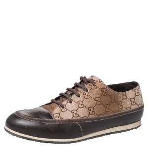 Pre Owned حذاء رياضي غوتشي جلد وكانفاس سوبريم بني/بيج مقدمة بنية منخفض من أعلى مقاس 39.5