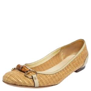 Gucci Beige Raffia Bamboo Horsebit Ballet Flats Size 41