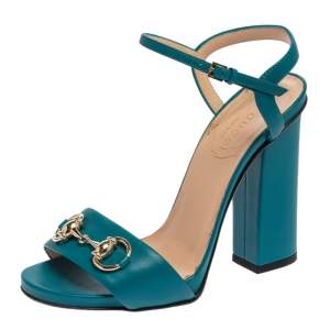 مملوكة مسبقًا  Gucci Blue Leather Horsebit Ankle Strap Open Toe Block Heel Sandal Size 35