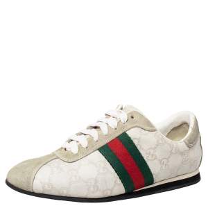 مملوكة مسبقًا حذاء رياضي غوتشي جلد وسويدي كريمي بعنق منخفض مقاس 37