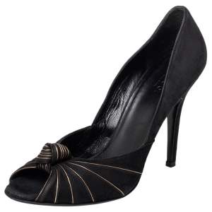 Gucci Black/Gold Suede Knotted Peep Toe Pumps Size 38.5