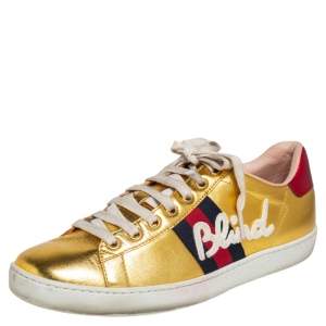 Pre Owned Gucci Gold Leather Ace Blind For Love Blind Web Detail Low Top Sneakers Size 37.5