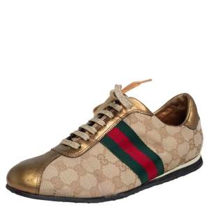 مملوكة مسبقًا Gucci Gold/Beige GG Canvas And Leather Web Detail Low Top Sneakers Size 39