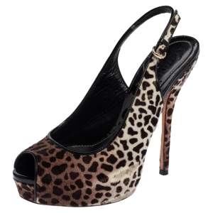 Gucci White/Brown Leopard Print Pony Hair Slingback Peep Toe Platform Sandals Size 35
