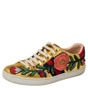 مملوكة مسبقًا Gucci Gold Leather Ace  Lace Up Sneakers Size 37