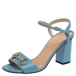 Pre Owned Gucci Light Blue Leather Horsebit Open Toe Ankle Strap Sandals Size 36
