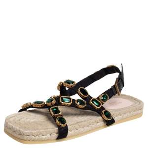 مملوكة مسبقًا Gucci Black/Green Canvas Grosgrain Espadrille Flat Sandals Size 41