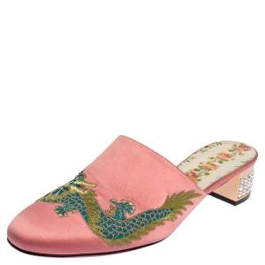 Gucci Pink Satin Dragon Embroidery Mule Sandals Size 38.5