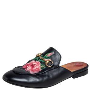 Gucci Black Floral Embroidered Leather Horsebit Princetown Flat Mules Size 36.5