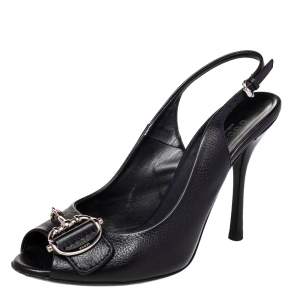 Gucci Black Leather Horsebit Slingback Sandals Size 37