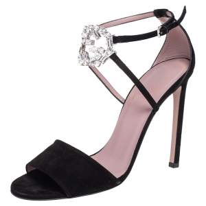 Pre Owned Gucci Black Suede Interlocking G Crystal Embellished Sandals Size 40