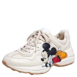 Gucci Beige Leather Disney Mickey Mouse Print Rhyton Sneakers Size 38