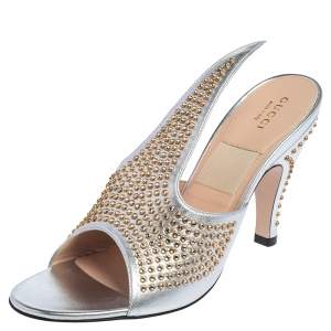 Gucci Silver Leather Fedra Embellished Mules Size 38