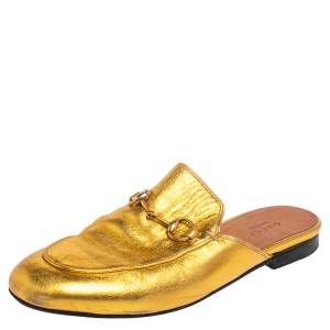 مملوكة مسبقًا Gucci Gold Leather Princetown Mule Flats Size 37.5