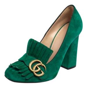 Pre Owned Gucci Green Suede GG Marmont Fringe Pumps Size 37