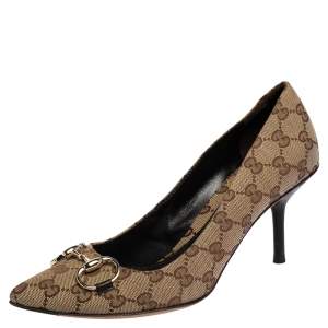 Pre Owned Gucci Beige GG Canvas Horsebit Pointed Toe Pumps Size 40