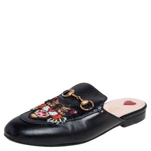 مملوكة مسبقًا Gucci Black Leather Tiger Embroidered Princetown Horsebit Flats Size 36