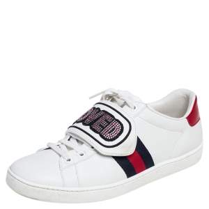  Gucci White Leather Loved Embellished Ace Low Top Sneakers Size 37.5