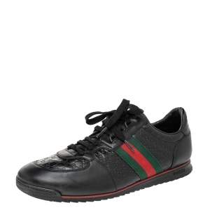 Gucci Black Guccissima Leather Web Detail Lace Up Sneakers Size 45.5