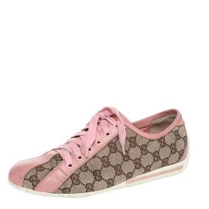 Gucci Beige/Pink GG Canvas And Leather Low Top Sneakers Size 38.5