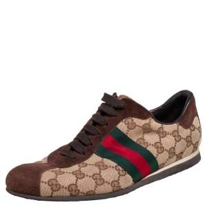 مملوكة مسبقًا Gucci Brown/Beige Suede And GG Canvas Classic Web Low Top Sneakers Size 38.5