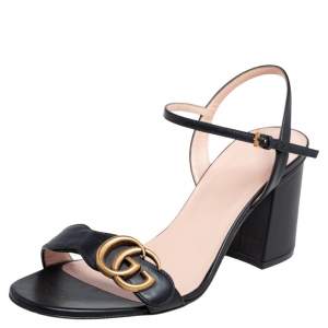 Pre Owned Gucci Black Leather GG Marmont Ankle Strap Sandals Size 37.5