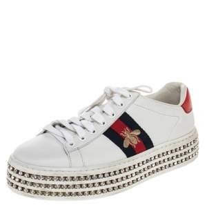 Pre Owned Gucci White Canvas And Leather  Ace Crystal Embellished Sneakers Size 36