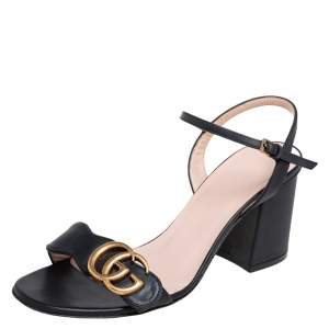 Pre Owned Gucci Black Leather GG Marmont Block Heel Ankle Strap Sandals Size 35.5
