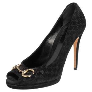 Pre Owned Gucci Black Micro Guccissima Suede Horsebit Peep Toe Pumps Size 39