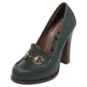 Pre Owned Gucci Green Leather Horsebit Block Heel Loafer Pumps Size 37